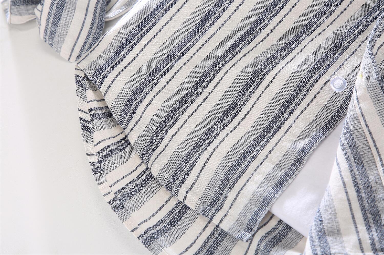 Striped Long Sleeve Shirt - Stand Collar, Slim Fit