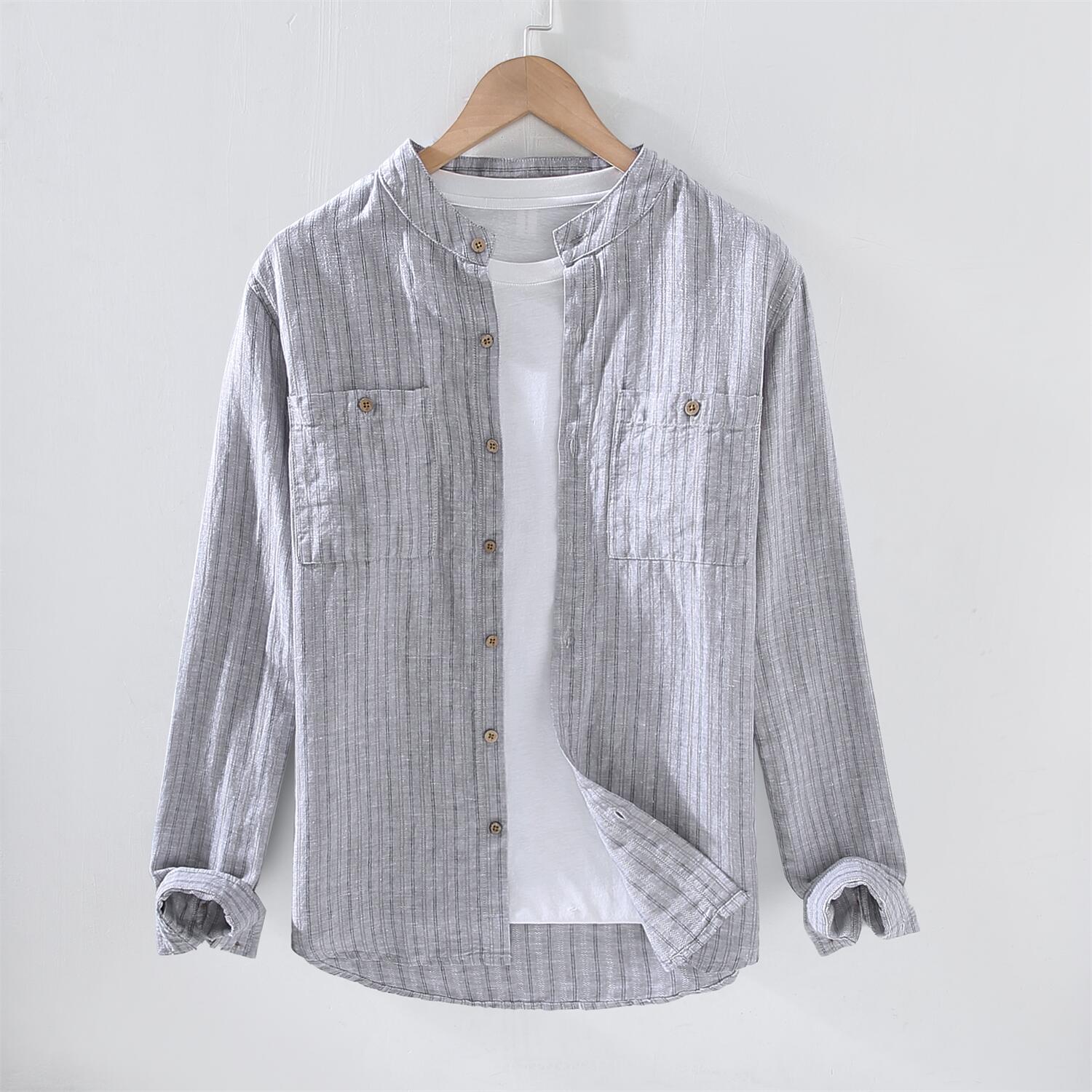 Striped Stand Collar Cotton Linen Shirt