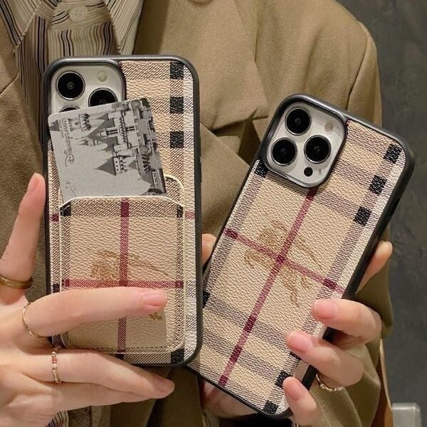 Classic Plaid Leather Phone Case with Card Holder Pocket